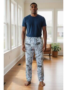 A1 Steak Sauce Mens BBQ-Themed Pajama Pants Drawstring Waist Light Blue S Cotton